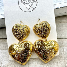 Load image into Gallery viewer, Gold chunky heart dangle wedding bridal plugs: Sizes 0g 11/32” 00g 7/16” 1/2”