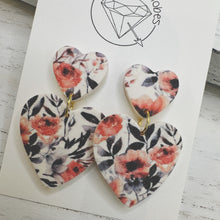 Load image into Gallery viewer, Gold floral chunky tiered heart clay earrings