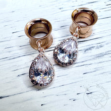 Load image into Gallery viewer, Stainless steel rhinestone yellow gold or white gold toned drop dangle plugs: 2g 0g 00g 1/2" 9/16" 5/8" 18mm 20mm 22mm 25mm