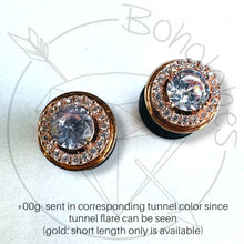Load image into Gallery viewer, Crystal plugs round CZ halo stud white gold silver wedding plugs for gauged or stretched ears: Sizes 8g 6g 4g 2g 1g 0g 00g