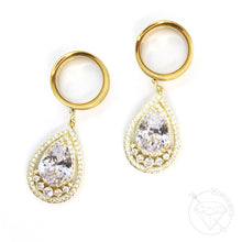Load image into Gallery viewer, Stainless steel yellow gold rose gold white gold toned drop rhinestone dangle plugs: 2g 0g 00g 1/2" 9/16" 5/8" 18mm 20mm 22mm 25mm