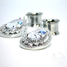 Load image into Gallery viewer, Stainless steel yellow gold rose gold white gold toned drop rhinestone dangle plugs: 2g 0g 00g 1/2" 9/16" 5/8" 18mm 20mm 22mm 25mm