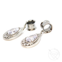 Load image into Gallery viewer, Stainless steel yellow gold rose gold white gold toned drop rhinestone dangle plugs: 2g 0g 00g 1/2" 9/16" 5/8" 18mm 20mm 22mm 25mm