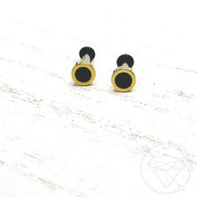 Load image into Gallery viewer, Black and gold minimalist stud plugs 14g 12g 10g 8g 6g
