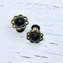 Load image into Gallery viewer, Black agate flower plugs gauges: 14g 12g 10g 8g 6g 4mm 4g 5mm 2g 6mm 1g 7mm 0g 8mm 11/32" 9mm 00g 10mm 7/16" 11mm