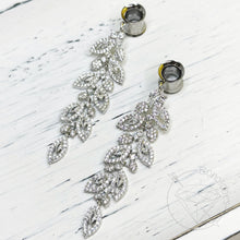 Load image into Gallery viewer, Gold stainless steel retro floral filigree rhinestone vine drop rhinestone dangle plugs: 2g 0g 00g 1/2" 9/16" 5/8" 18mm 20mm 22mm 25mm