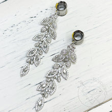 Load image into Gallery viewer, Gold stainless steel retro floral filigree rhinestone vine drop rhinestone dangle plugs: 2g 0g 00g 1/2" 9/16" 5/8" 18mm 20mm 22mm 25mm