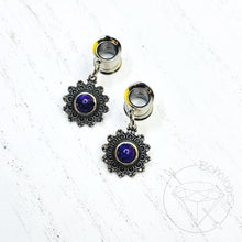 Load image into Gallery viewer, Lotus charoite turquoise moonstone stone screw back plugs gauges tunnels: 2g 0g 00g 1/2" 9/16" 5/8" 18mm 19mm 20mm 22mm 25mm
