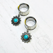 Load image into Gallery viewer, Lotus charoite turquoise moonstone stone screw back plugs gauges tunnels: 2g 0g 00g 1/2" 9/16" 5/8" 18mm 19mm 20mm 22mm 25mm