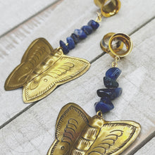Load image into Gallery viewer, Vintage brass butterfly / moth stone screw back plugs gauges tunnels: 2g 0g 00g 1/2" 9/16" 5/8" 18mm 20mm 22mm 25mm