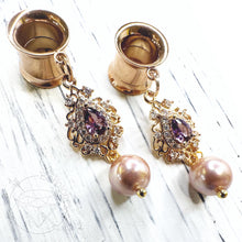 Load image into Gallery viewer, Rose gold purple crystal pearl screw back plugs gauges tunnels: 2g 0g 00g 1/2" 9/16" 5/8" 18mm 20mm 22mm 25mm