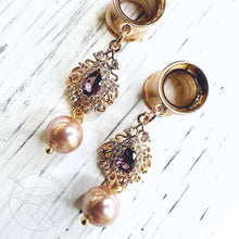 Load image into Gallery viewer, Rose gold purple crystal pearl screw back plugs gauges tunnels: 2g 0g 00g 1/2" 9/16" 5/8" 18mm 20mm 22mm 25mm
