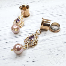 Load image into Gallery viewer, Rose gold purple crystal pearl screw back plugs gauges tunnels: 2g 0g 00g 1/2" 9/16" 5/8" 18mm 20mm 22mm 25mm