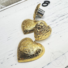 Load image into Gallery viewer, Gold chunky heart dangle wedding bridal plugs: Sizes 0g 11/32” 00g 7/16” 1/2”