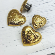 Load image into Gallery viewer, Gold chunky heart dangle wedding bridal plugs: Sizes 0g 11/32” 00g 7/16” 1/2”