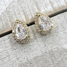 Load image into Gallery viewer, Crystal plugs pear cut teardrop CZ halo stud white gold silver wedding plugs for gauged or stretched ears: Sizes 8g 6g 4g 2g 1g 0g