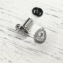 Load image into Gallery viewer, Crystal plugs pear cut teardrop CZ halo stud white gold silver wedding plugs for gauged or stretched ears: Sizes 8g 6g 4g 2g 1g 0g