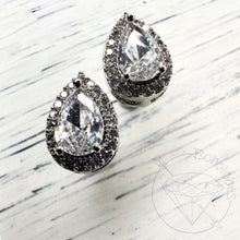 Load image into Gallery viewer, Crystal plugs pear cut teardrop CZ halo stud white gold silver wedding plugs for gauged or stretched ears: Sizes 8g 6g 4g 2g 1g 0g