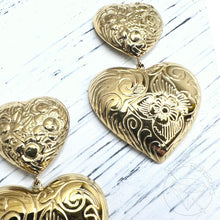 Load image into Gallery viewer, Gold chunky heart dangle wedding bridal plugs: Sizes 0g 11/32” 00g 7/16” 1/2”