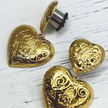 Load image into Gallery viewer, Gold chunky heart dangle wedding bridal plugs: Sizes 0g 11/32” 00g 7/16” 1/2”