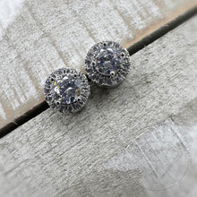 Load image into Gallery viewer, Crystal plugs round CZ halo stud white gold silver wedding plugs for gauged or stretched ears: Sizes 8g 6g 4g 2g 1g 0g 00g