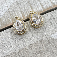 Load image into Gallery viewer, Crystal plugs pear cut teardrop CZ halo stud white gold silver wedding plugs for gauged or stretched ears: Sizes 8g 6g 4g 2g 1g 0g