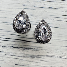 Load image into Gallery viewer, Crystal plugs pear cut teardrop CZ halo stud white gold silver wedding plugs for gauged or stretched ears: Sizes 8g 6g 4g 2g 1g 0g