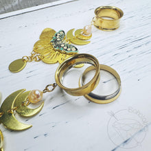 Load image into Gallery viewer, Gold witchy moth crescent drop dangle plugs: 2g 0g 00g 1/2" 9/16" 5/8" 18mm 20mm 22mm 25mm