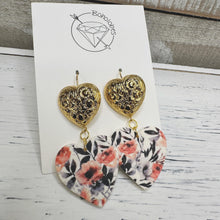 Load image into Gallery viewer, Gold floral chunky tiered heart clay earrings