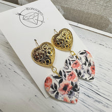 Load image into Gallery viewer, Gold floral chunky tiered heart clay earrings