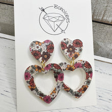 Load image into Gallery viewer, Gold hippie flower chunky tiered clay heart earrings