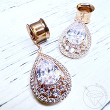 Load image into Gallery viewer, Stainless steel yellow gold rose gold white gold toned drop rhinestone dangle plugs: 2g 0g 00g 1/2" 9/16" 5/8" 18mm 20mm 22mm 25mm