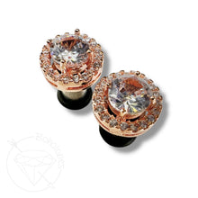 Load image into Gallery viewer, Crystal plugs round CZ halo stud white gold silver wedding plugs for gauged or stretched ears: Sizes 8g 6g 4g 2g 1g 0g 00g
