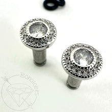 Load image into Gallery viewer, Crystal plugs round CZ halo small stud white gold toned wedding plugs for gauged or stretched ears: Sizes 14g 12g 10g 8g 6g 4g 2g 1g 0g