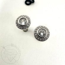 Load image into Gallery viewer, Crystal plugs round CZ halo small stud white gold toned wedding plugs for gauged or stretched ears: Sizes 14g 12g 10g 8g 6g 4g 2g 1g 0g