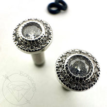 Load image into Gallery viewer, Crystal plugs round CZ halo small stud white gold toned wedding plugs for gauged or stretched ears: Sizes 14g 12g 10g 8g 6g 4g 2g 1g 0g