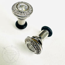 Load image into Gallery viewer, Crystal plugs round CZ halo small stud white gold toned wedding plugs for gauged or stretched ears: Sizes 14g 12g 10g 8g 6g 4g 2g 1g 0g