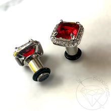Load image into Gallery viewer, Blood red fang dark romance goth crystal plugs square CZ white gold silver formal plugs gauges : Sizes 6g 4g 2g 1g 0g 11/32" 00g
