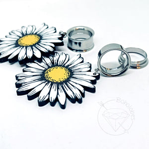 Stainless steel daisy plugs glitter shimmery dangle plugs: 2g 0g 00g 1/2" 9/16" 5/8" 20mm 22mm 25mm