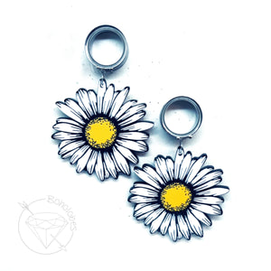 Stainless steel daisy plugs glitter shimmery dangle plugs: 2g 0g 00g 1/2" 9/16" 5/8" 20mm 22mm 25mm