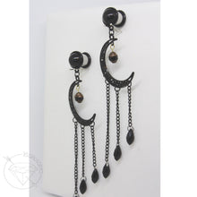 Load image into Gallery viewer, Black celestial crescent moon goth dangle plugs gauges 2g 1g 0g 00g 7/16" 1/2” 6mm 7mm 8mm 10mm 11mm 12mm