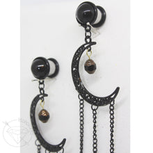 Load image into Gallery viewer, Black celestial crescent moon goth dangle plugs gauges 2g 1g 0g 00g 7/16" 1/2” 6mm 7mm 8mm 10mm 11mm 12mm