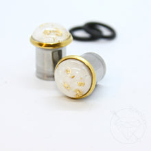 Load image into Gallery viewer, Gold flake black / blue / white cameo hider plugs tunnels for gauged ears: 14g 12g 10g 8g 6g 4g 2g 1g 0g 11/32" 00g 7/16" 1/2"