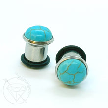 Load image into Gallery viewer, Turquoise cameo hider plugs tunnels for gauged ears: 6g 4g 2g 1g 0g 00g