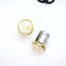 Load image into Gallery viewer, Gold flake black / blue / white cameo hider plugs tunnels for gauged ears: 14g 12g 10g 8g 6g 4g 2g 1g 0g 11/32" 00g 7/16" 1/2"