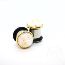 Load image into Gallery viewer, Gold flake black / blue / white cameo hider plugs tunnels for gauged ears: 14g 12g 10g 8g 6g 4g 2g 1g 0g 11/32&quot; 00g 7/16&quot; 1/2&quot;