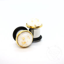 Load image into Gallery viewer, Gold flake black / blue / white cameo hider plugs tunnels for gauged ears: 14g 12g 10g 8g 6g 4g 2g 1g 0g 11/32" 00g 7/16" 1/2"