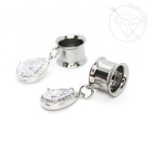Load image into Gallery viewer, Stainless steel rhinestone yellow gold or white gold toned drop dangle plugs: 2g 0g 00g 1/2" 9/16" 5/8" 18mm 20mm 22mm 25mm