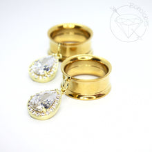 Load image into Gallery viewer, Stainless steel rhinestone yellow gold or white gold toned drop dangle plugs: 2g 0g 00g 1/2" 9/16" 5/8" 18mm 20mm 22mm 25mm