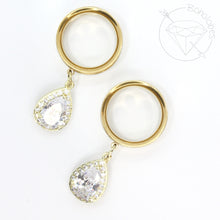 Load image into Gallery viewer, Stainless steel rhinestone yellow gold or white gold toned drop dangle plugs: 2g 0g 00g 1/2" 9/16" 5/8" 18mm 20mm 22mm 25mm